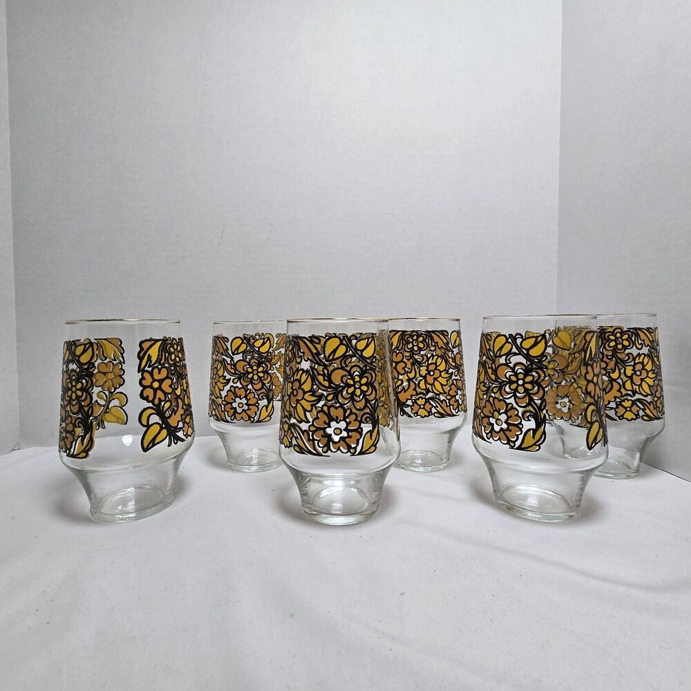 Vintage Retro Flower Glasses Orange Yellow Brown Floral Prop MCM Gilded Rim 1970